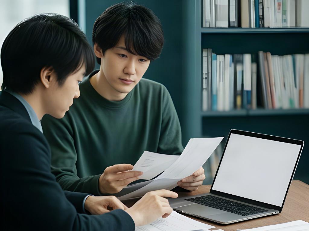 担当者が書類とノートパソコンを見ながらデータの扱いを確認する様子