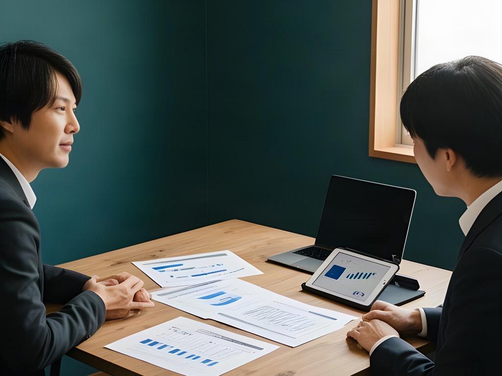 小規模事業者の担当者が資料を見ながら業務について話し合う様子