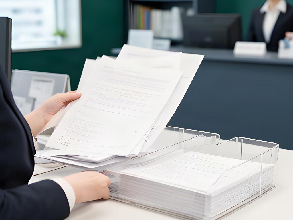 事務担当者が机上の書類を確認し、種類ごとに整理している様子