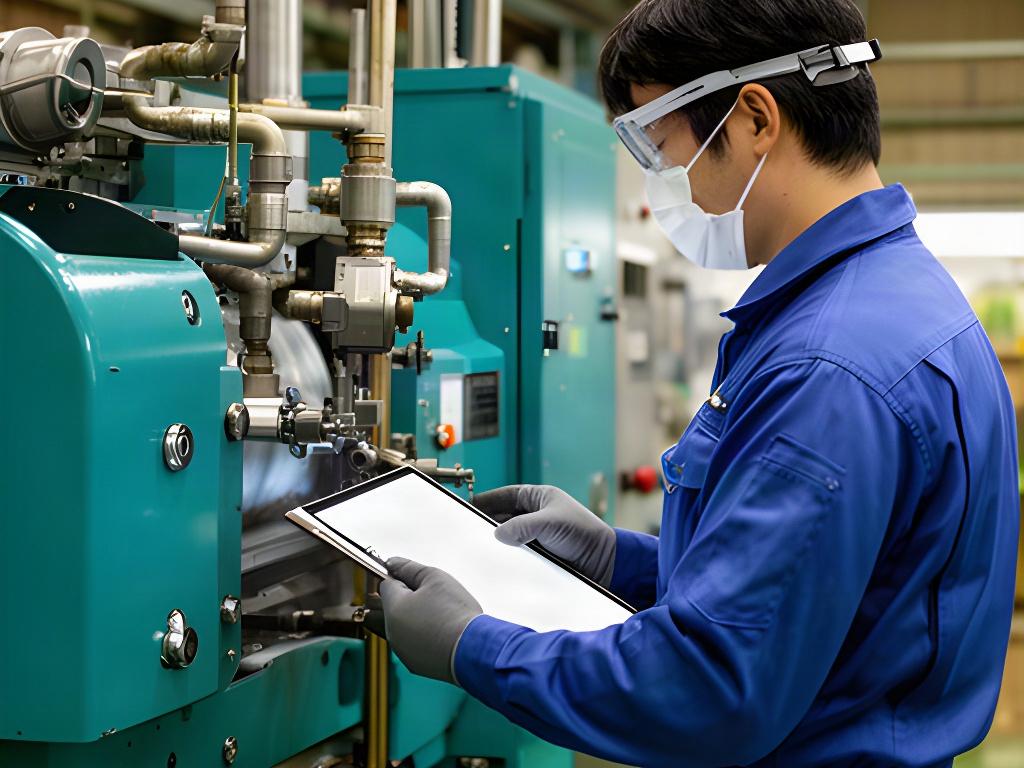 製造現場の担当者が産業機械の状態を点検している様子