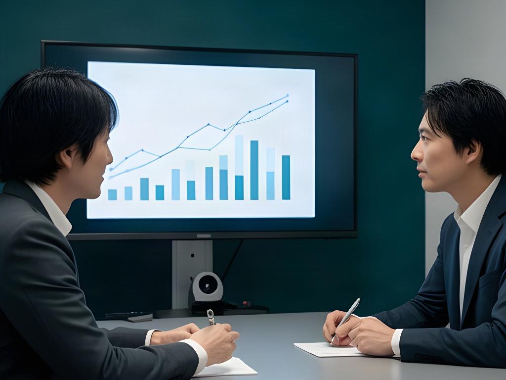 担当者が抽象的なデータグラフを見ながら指標について話し合う様子